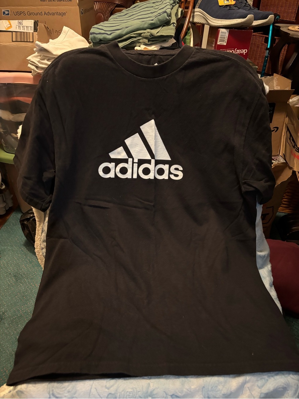 Adidas  Black T-Shirt with White Logo - Short Sleeve Crewneck Mens Med